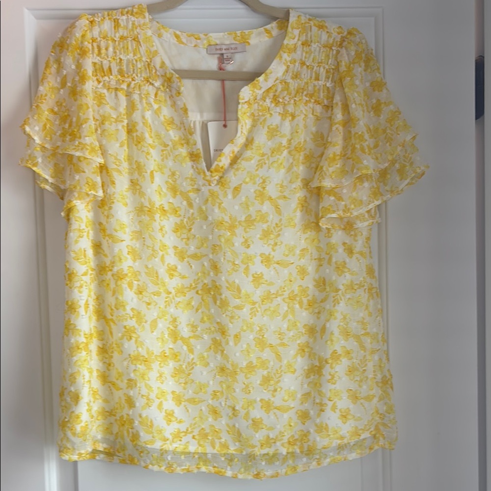 Skies Are Blue Yellow and White Smocked Flutter Sleeve Blouse